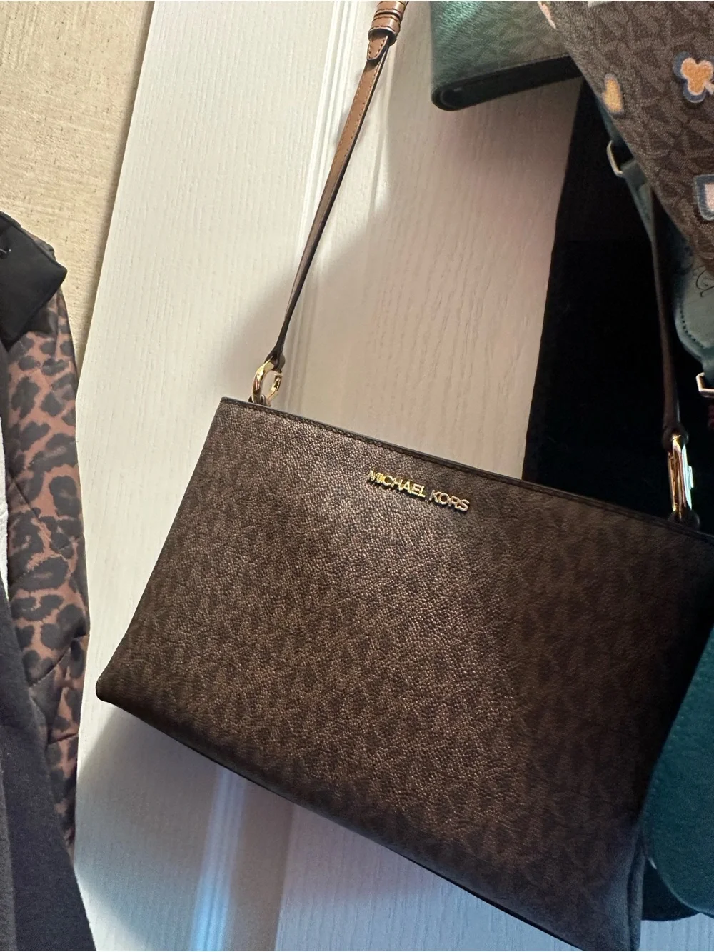 Michael Kors Brown Logo-Print Crossbody Bag with Gold Hardware